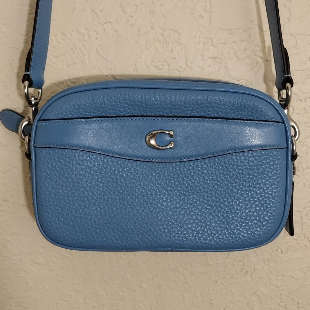 Coach Pool Blue Soft Pebbled Leather Camera Crossbody Bag